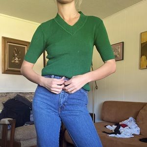 VINTAGE ROYAL EMERALD GREEN SHORT SLEEVE V NECK SWEATER